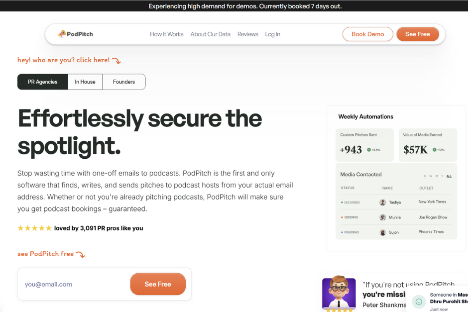 Outbound podcast guest booking tool displaying hosts looking for guests