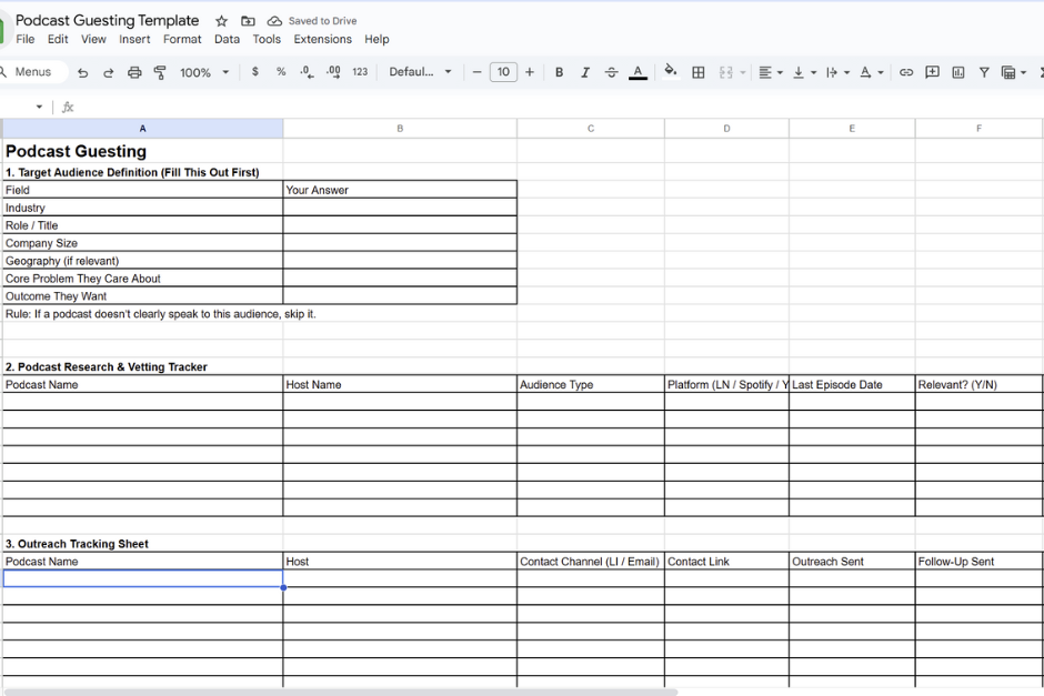 Spreadsheet used to track podcast guest pitches and follow-ups