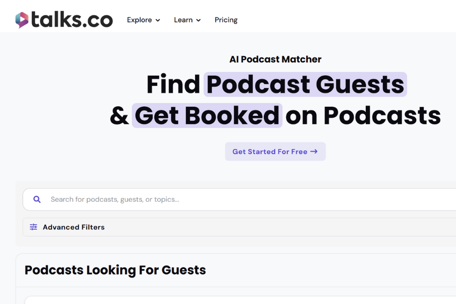 Example of a Talks.co profile used for podcast guesting and SEO visibility