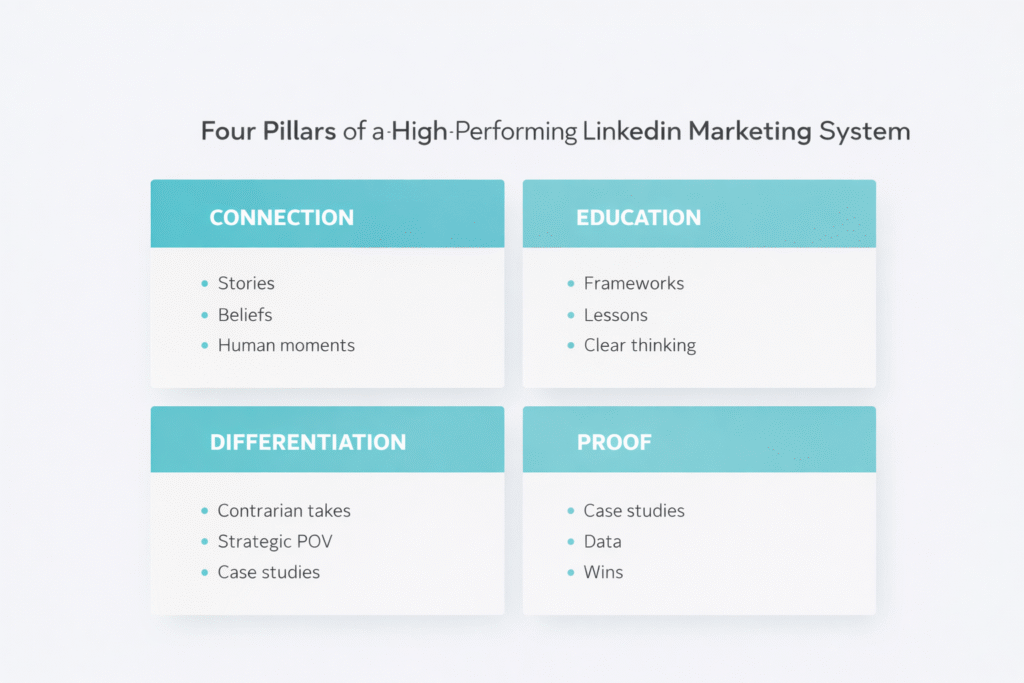 Four content pillars in a LinkedIn marketing strategy including connection, education, differentiation, and proof
