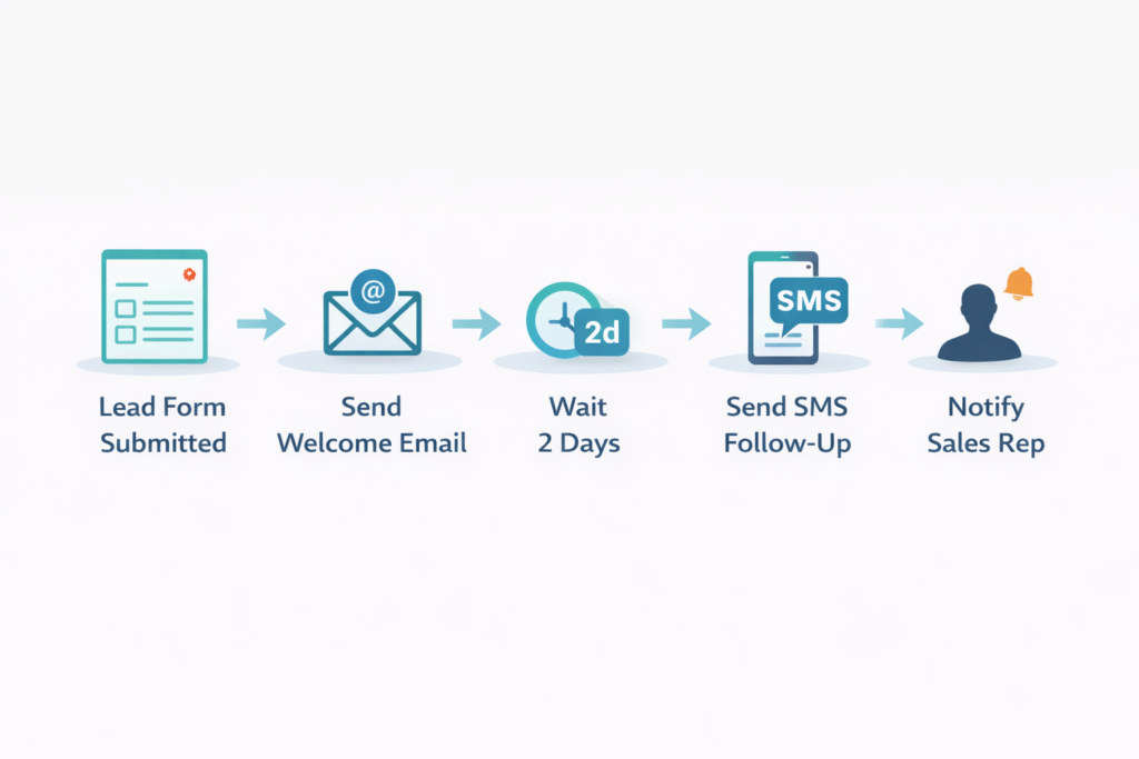B2B marketing automation workflow showing lead capture CRM entry and automated follow-up sequences