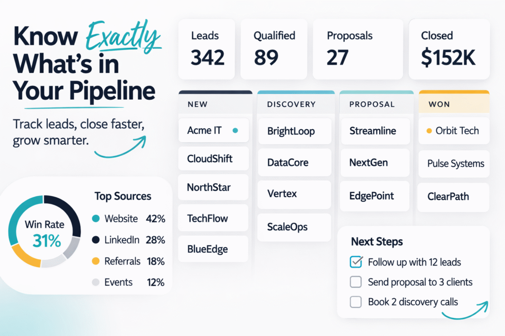 CRM pipeline management dashboard showing deal stages contact records and marketing activity tracking
