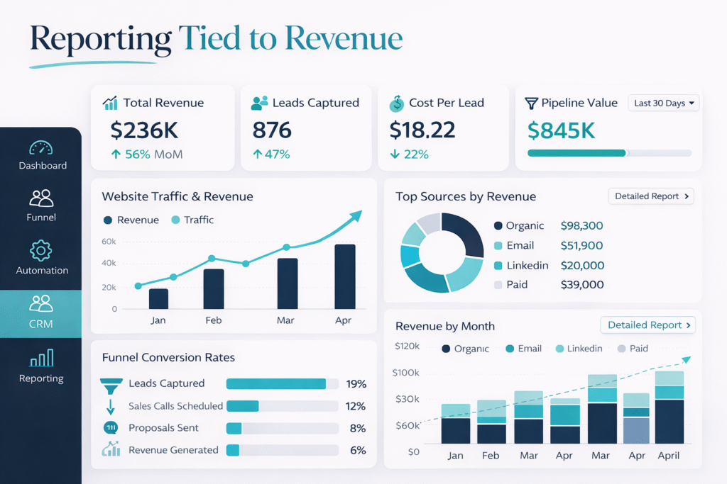 Predictable B2B revenue growth system showing traffic lead capture CRM automation pipeline and revenue flow