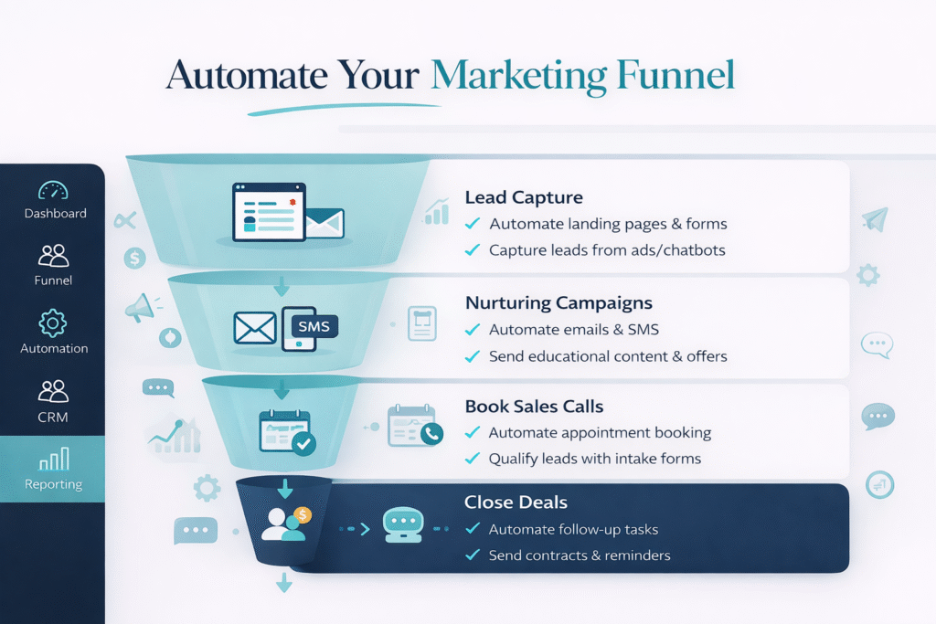 Automated marketing funnel guiding B2B prospects from first visit to sales pipeline through automation workflows