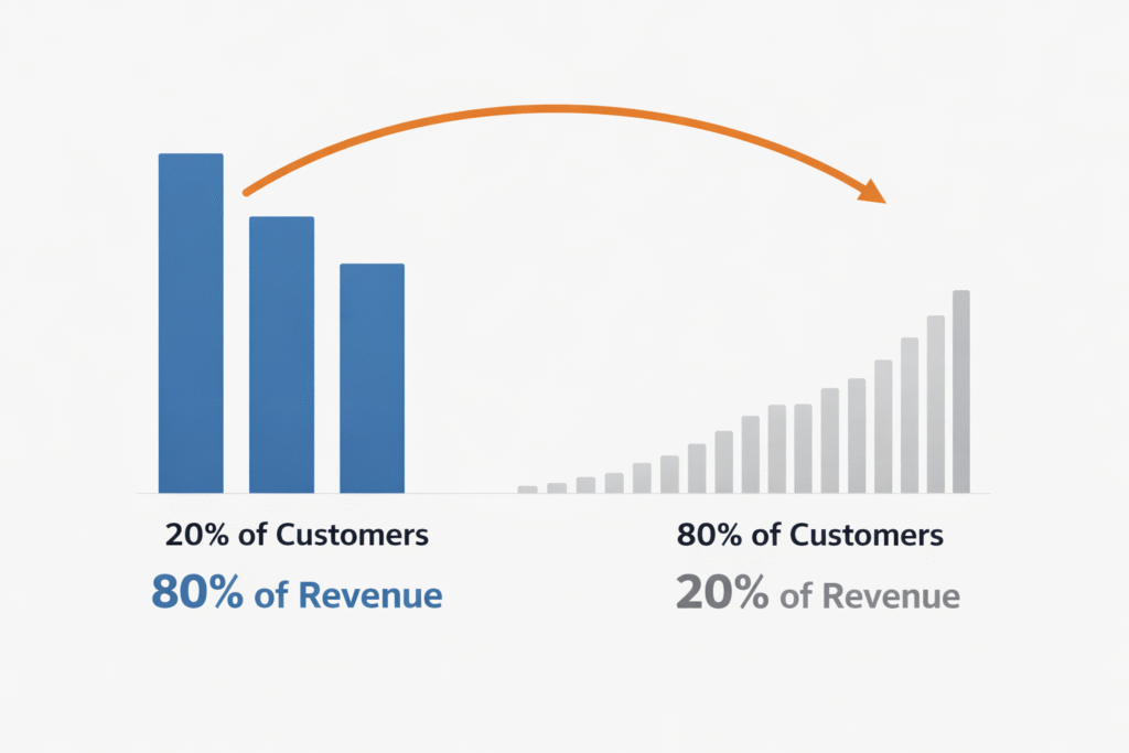 Pareto principle chart showing 20 percent of customers generating 80 percent of revenue