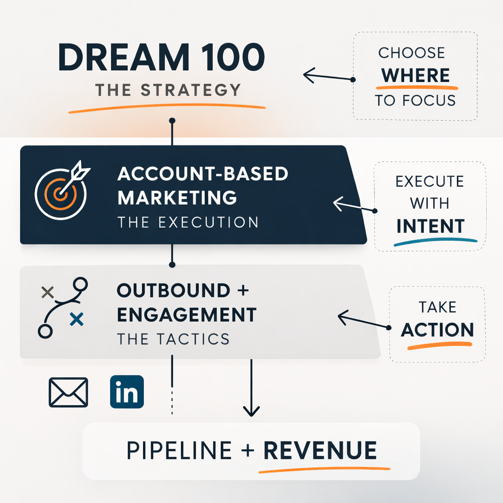 Diagram showing Dream 100 strategy leading to account-based marketing execution and outbound tactics