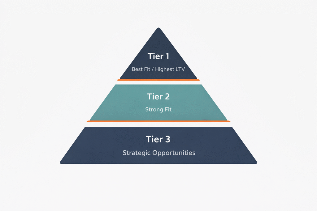 Dream 100 account tiering pyramid showing Tier 1 Tier 2 and Tier 3 target accounts