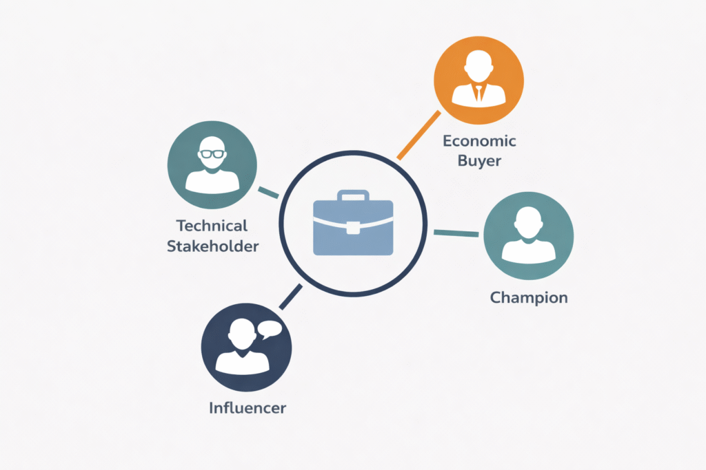 B2B buying committee diagram showing economic buyer champion technical stakeholder and influencer roles