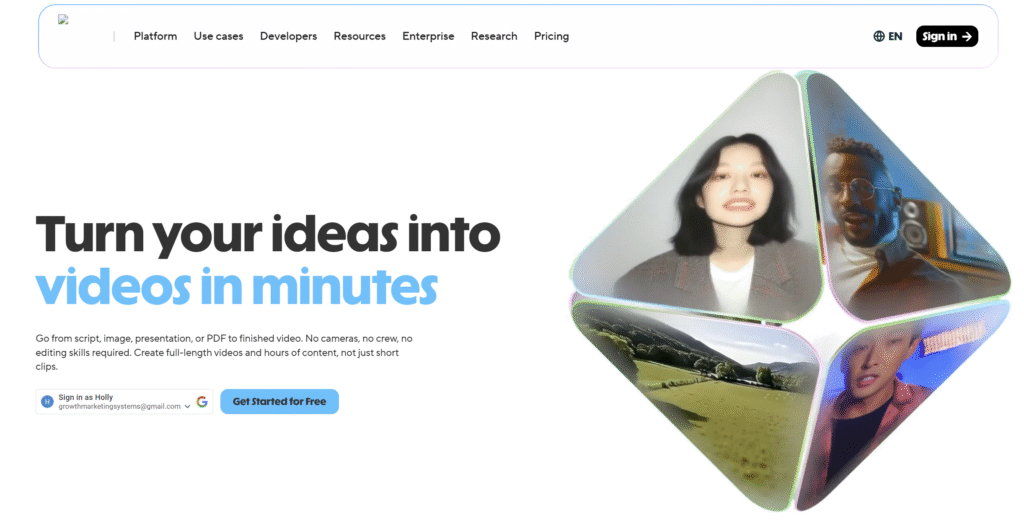 HeyGen AI video platform homepage interface showing video creation options for B2B teams