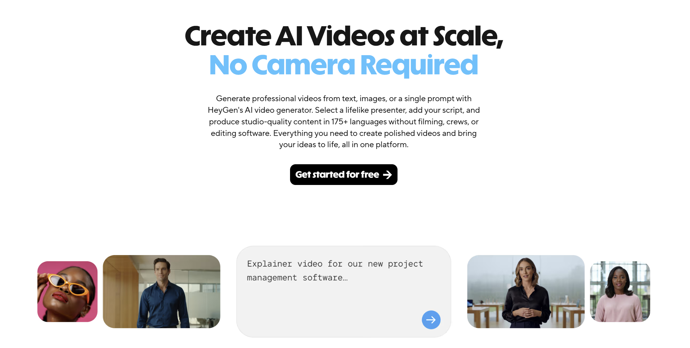 HeyGen homepage showing AI avatar video creation platform for B2B teams