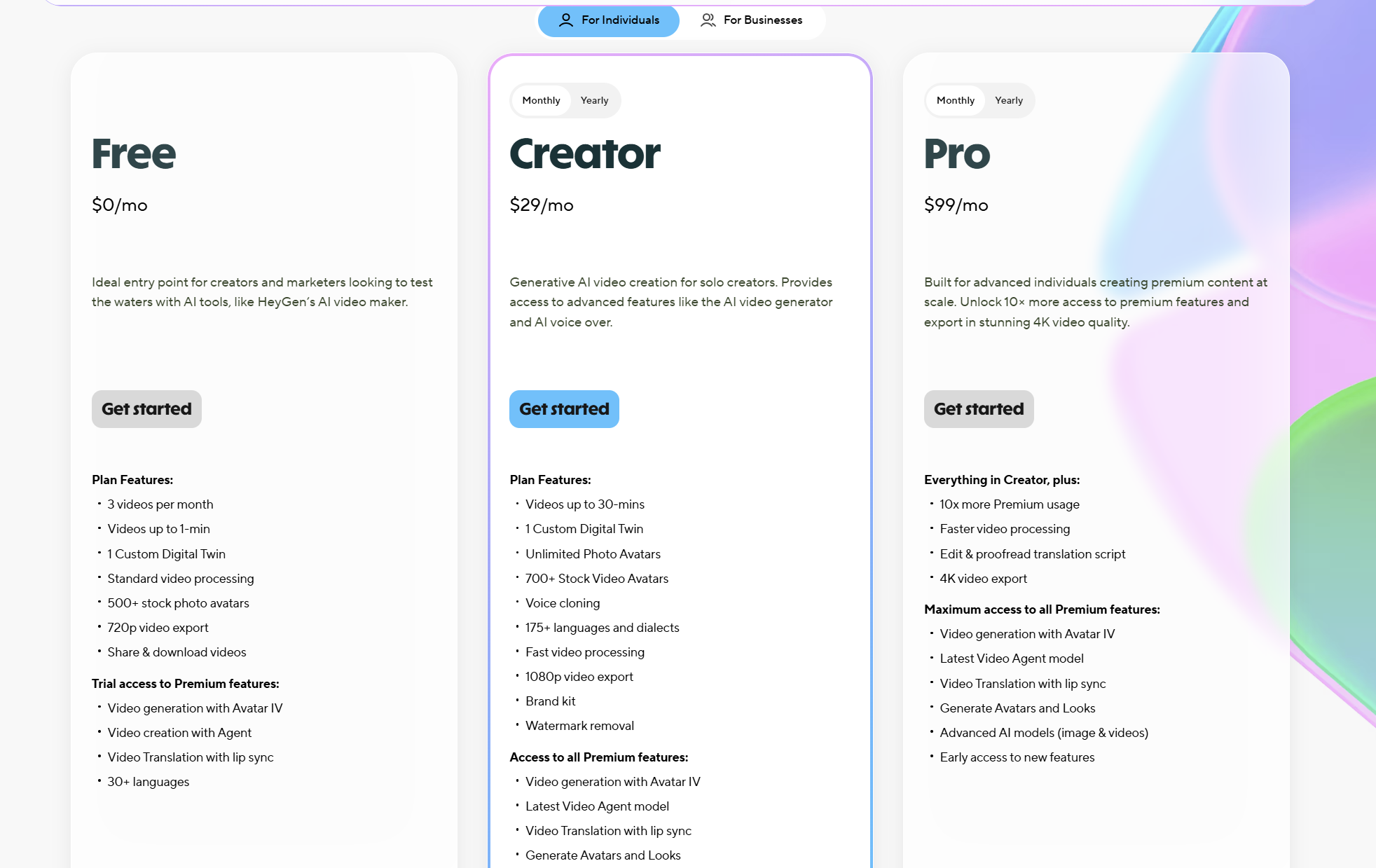 HeyGen pricing plans comparison showing Free, Creator, and Pro tiers for 2026