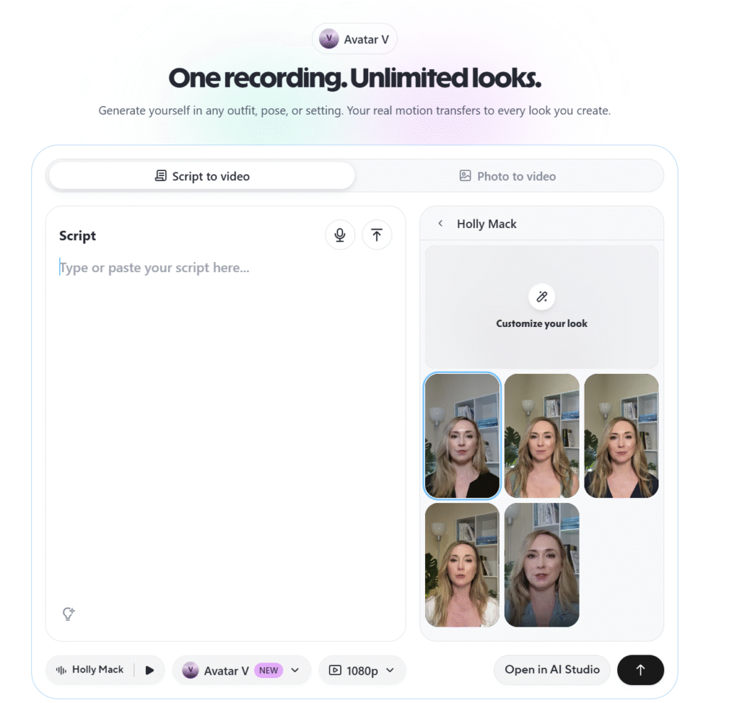 Holly Mack custom HeyGen Avatar V dashboard showing script-to-video interface with multiple AI avatar looks for B2B video creation