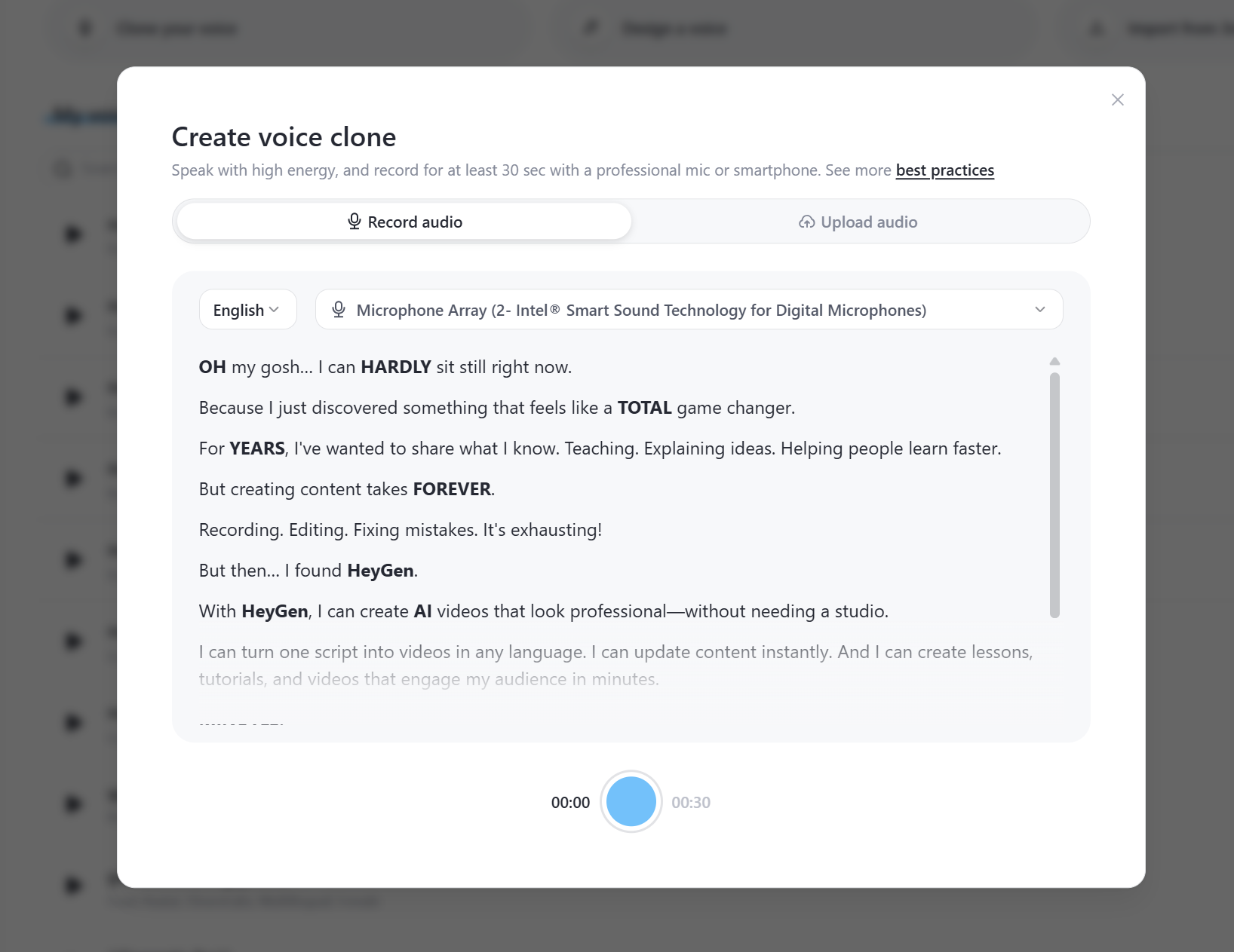 HeyGen voice clone setup showing voice recording and Voice Doctor tool