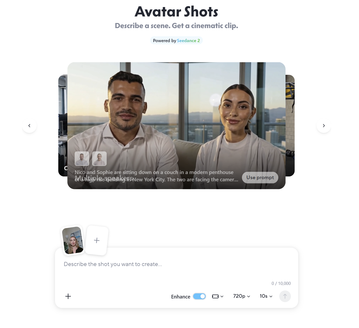 HeyGen Avatar Shots feature showing scene description and cinematic clip generation
