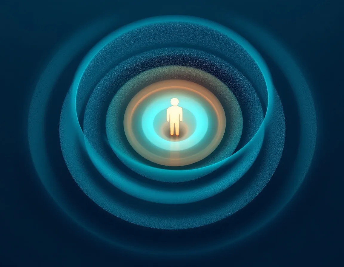 Abstract visualization of a B2B personal brand radiating outward representing audience reach and revenue impact