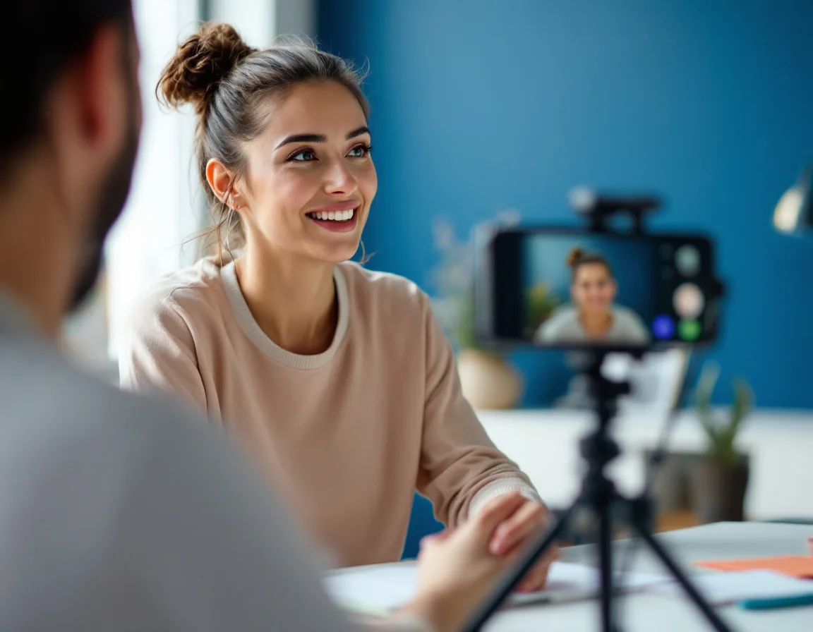 B2B professional woman recording a short talking-head video at her desk for personal brand content on LinkedIn