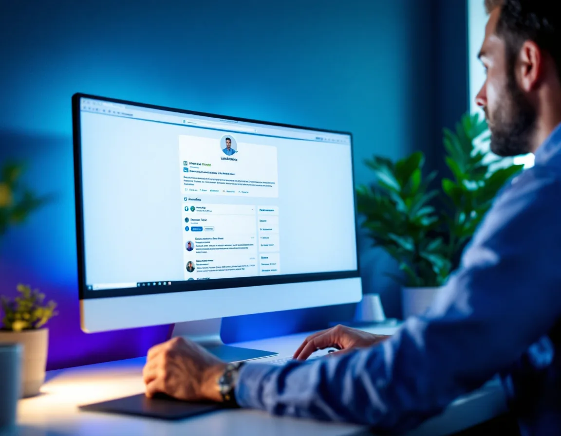 B2B professional optimizing their LinkedIn profile on a desktop monitor as the headquarters of their personal brand