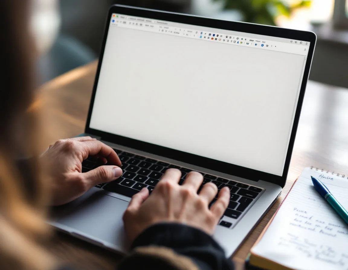 Marketing operator working on AI content strategy at laptop