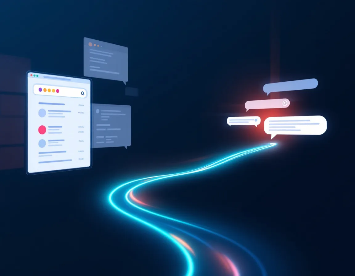 Abstract visualization of the B2B buyer research journey shifting from traditional search results to a single AI-generated answer panel