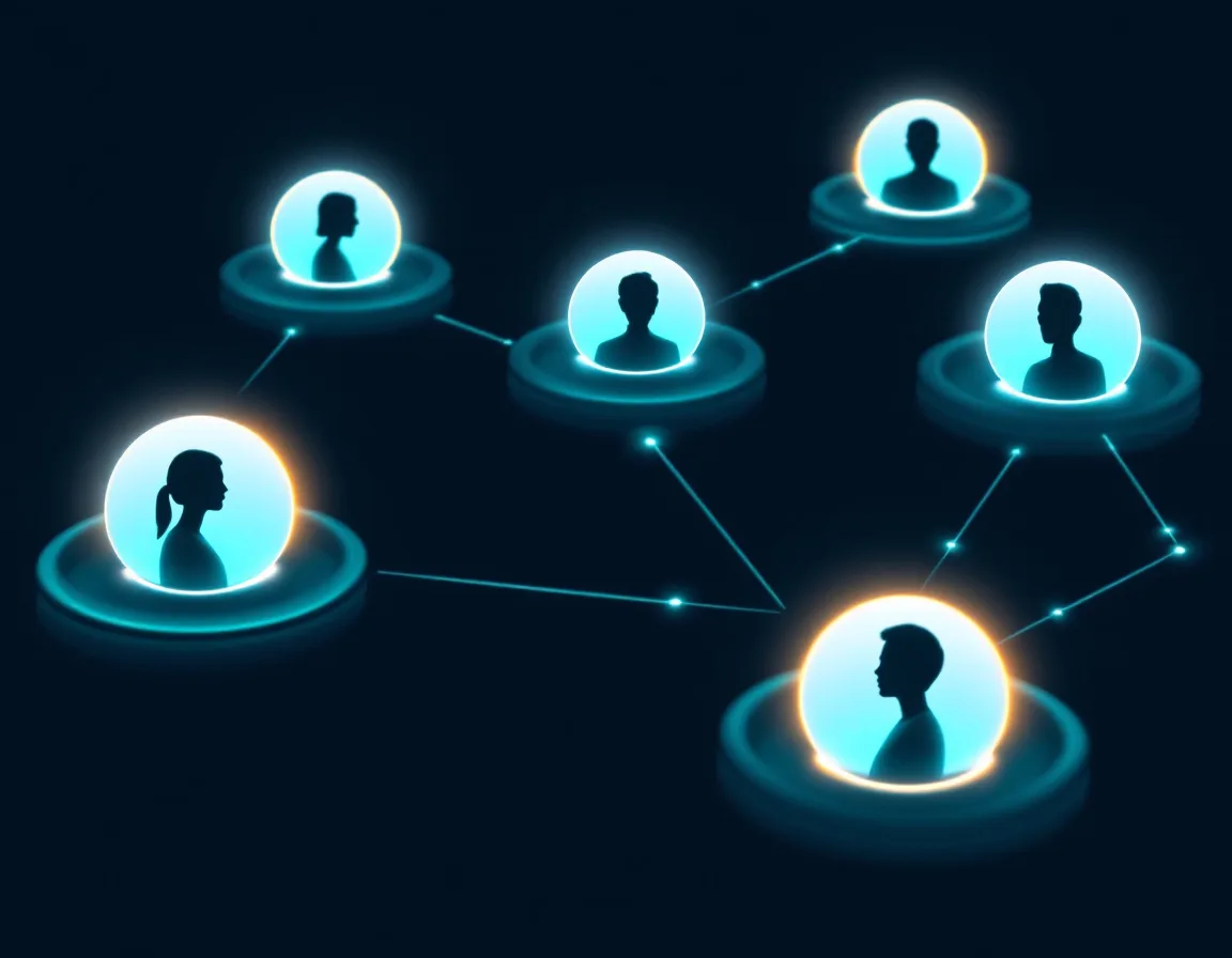Abstract visualization of HeadshotPro's team feature connecting remote B2B employees with matching consistent AI-generated headshots across locations