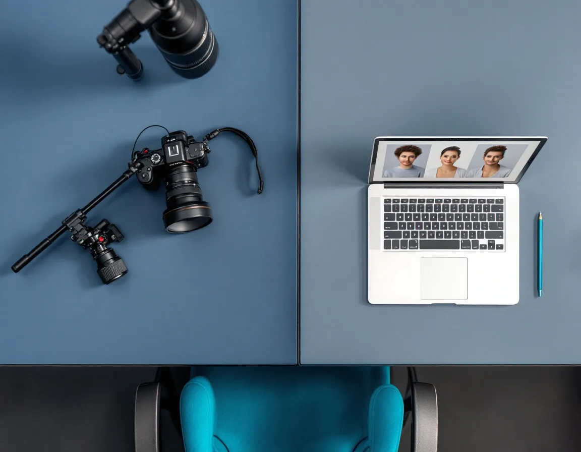 Side-by-side comparison of professional camera equipment and AI headshot generation representing the HeadshotPro versus hiring a photographer decision for B2B teams