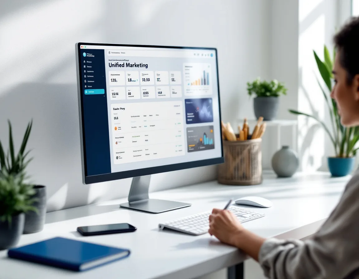 All-in-one marketing platform workspace with connected devices showing unified dashboard