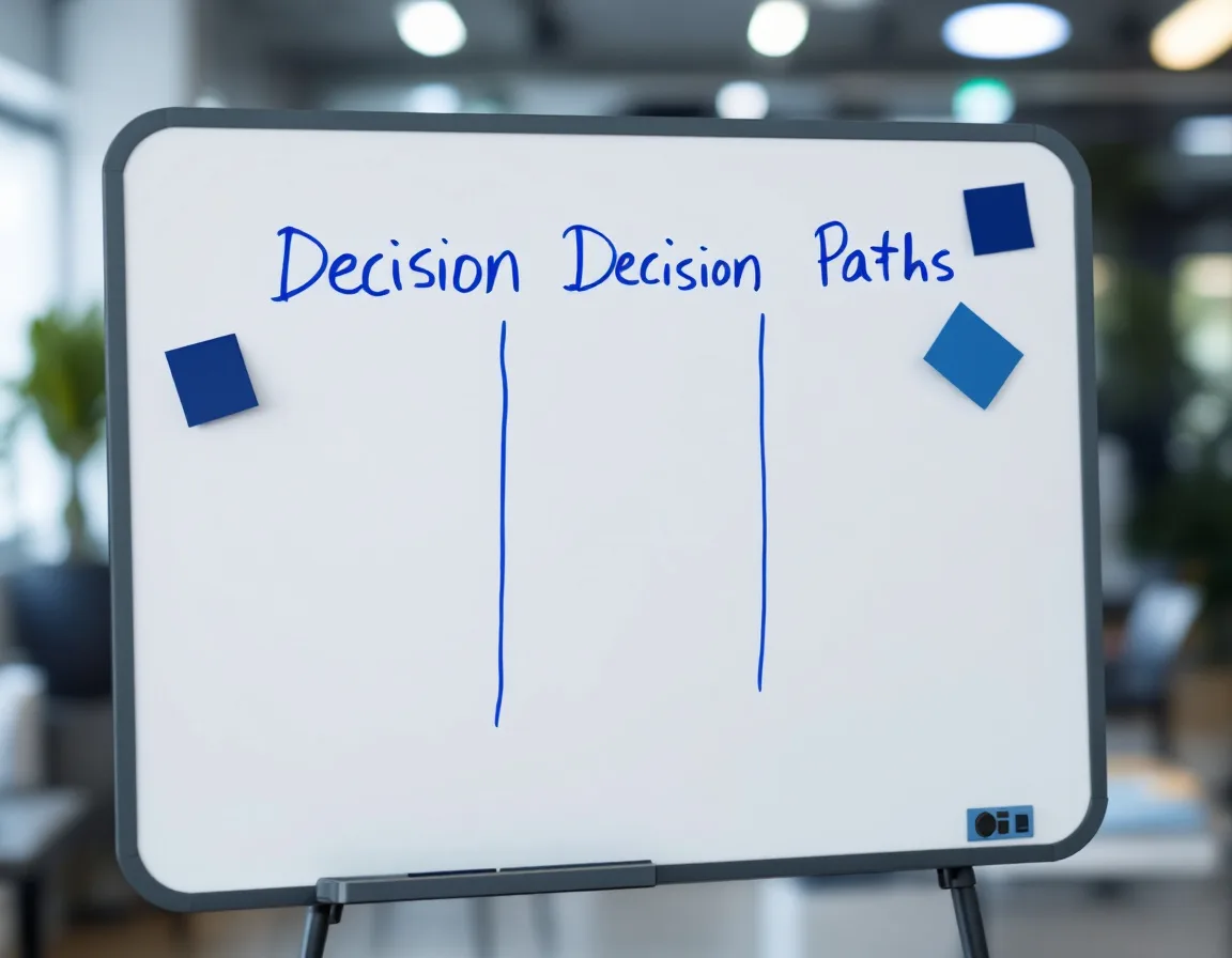 Office whiteboard with decision framework showing options for managing a software subscription