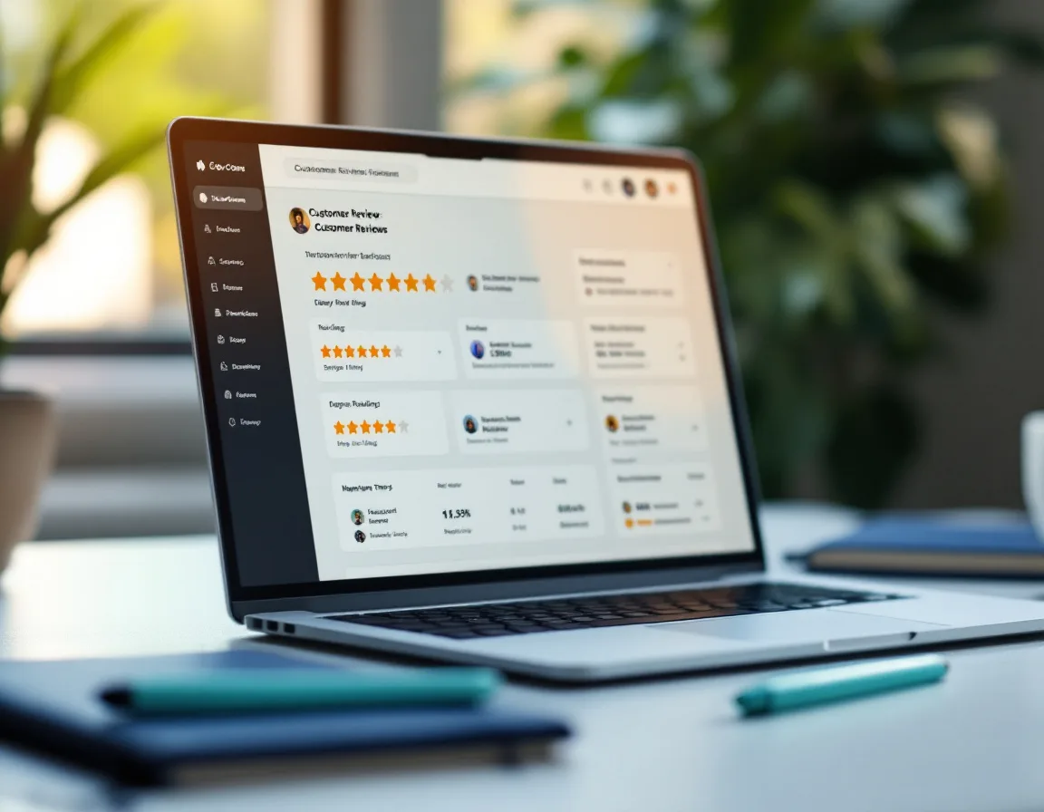 Laptop displaying customer review ratings for an AI video platform