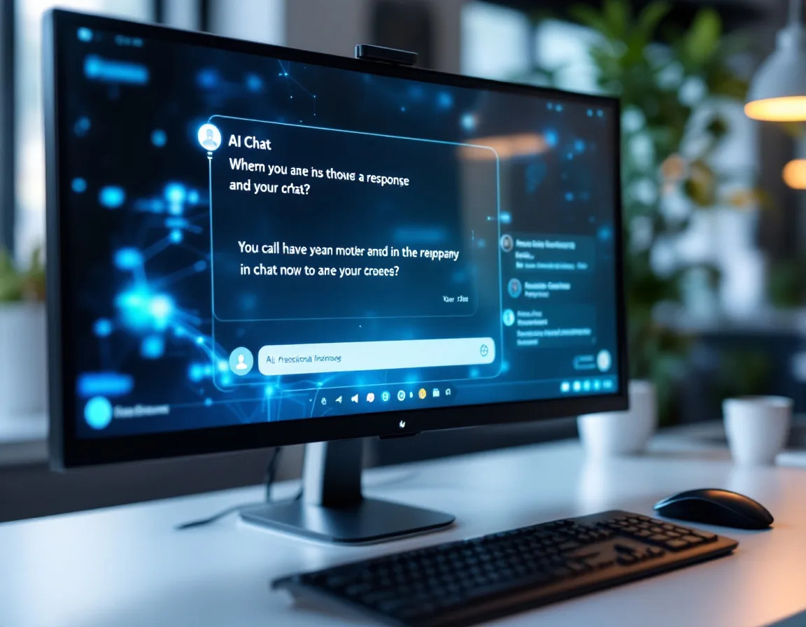 Modern AI chat interface on a desktop screen in a professional B2B office environment