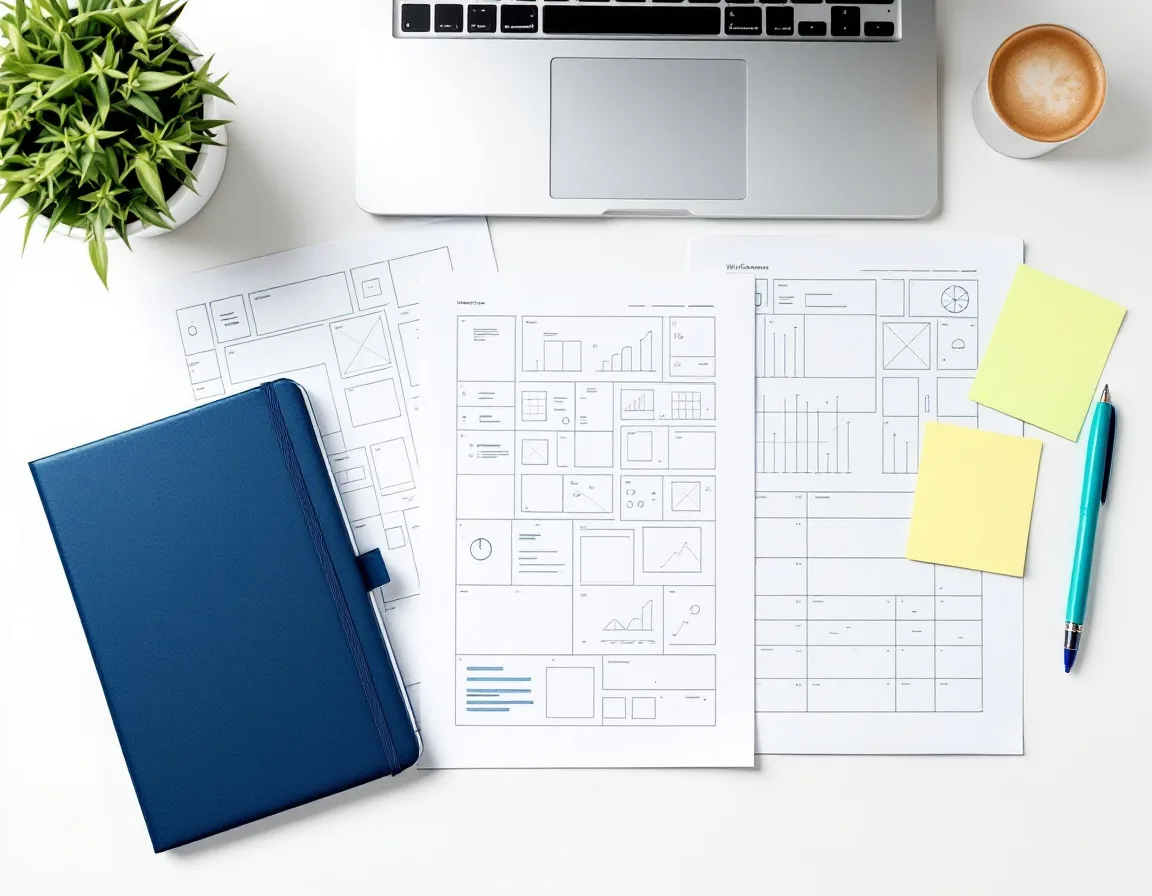 Organized content strategy documents and wireframes laid out on a modern desk for B2B marketing planning