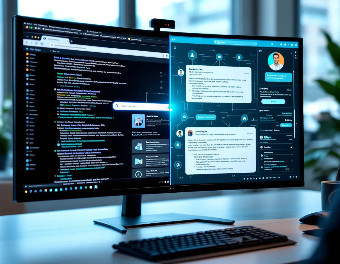 Split view of traditional search engine and AI chat interface showing different approaches to business discovery
