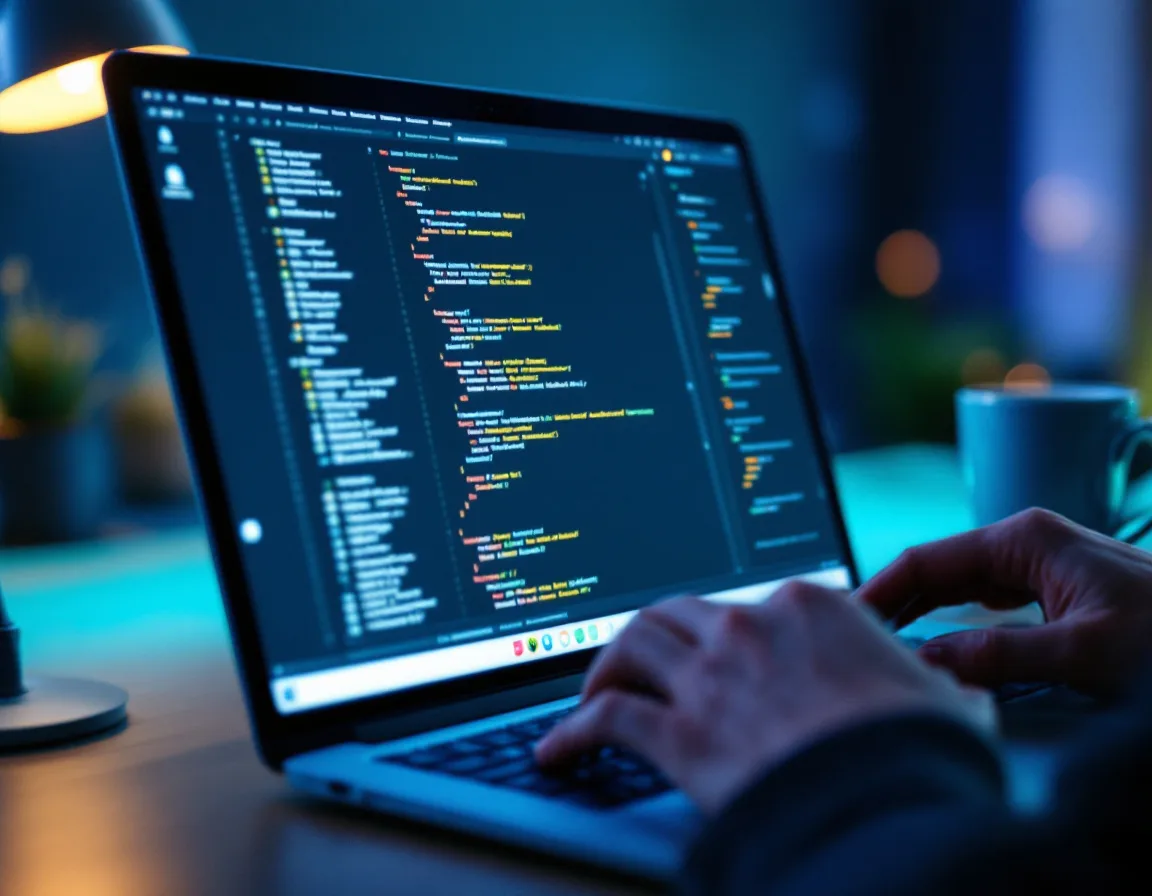 Developer configuring website technical settings for AI search engine visibility on a laptop