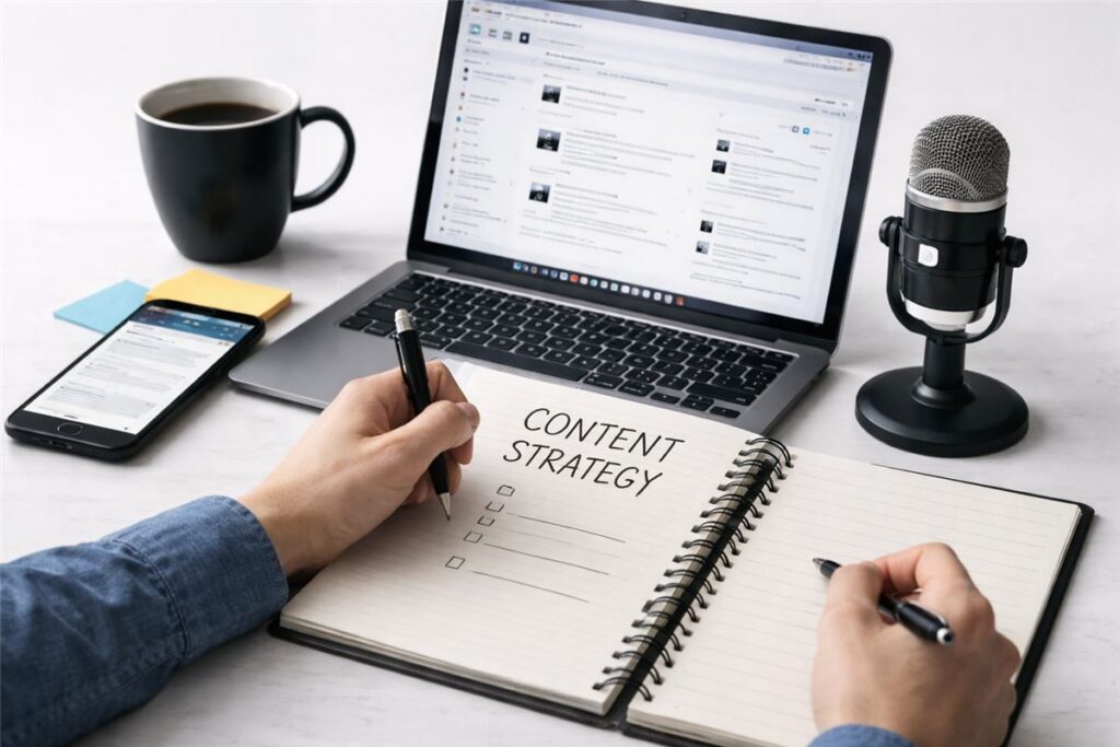 Founder content strategy showing one hour per week powering SEO, LinkedIn, and sales