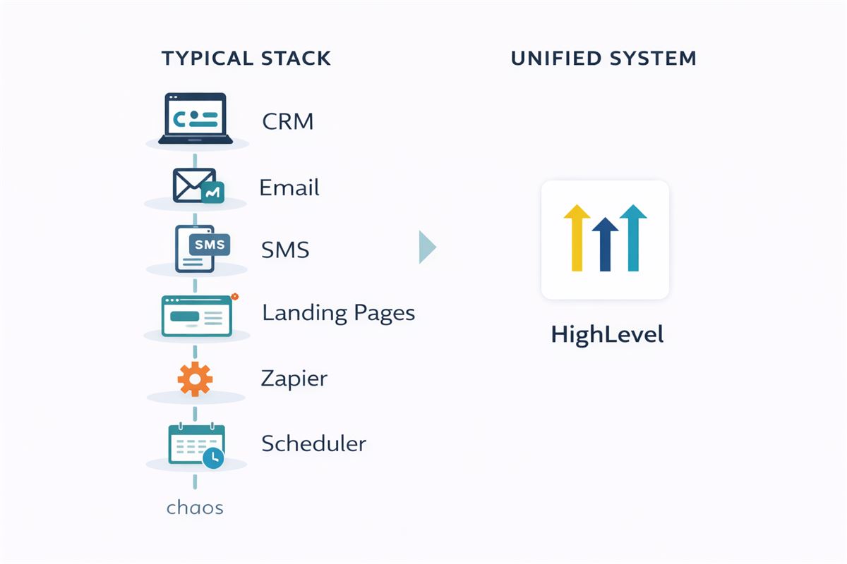 GoHighLevel platform replacing multiple marketing tools including CRM email SMS and landing page software