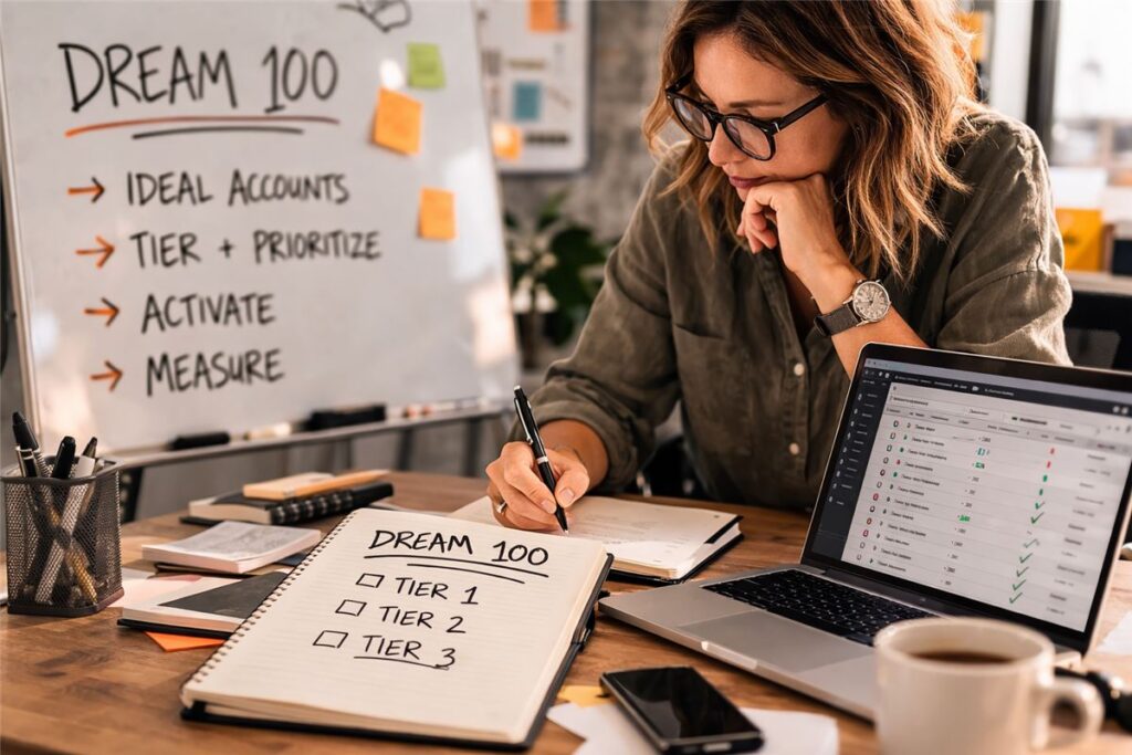 B2B marketer analyzing a Dream 100 target account list on a laptop during strategic planning