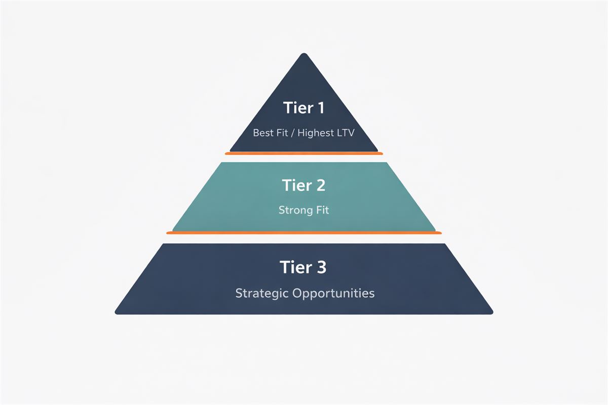 Dream 100 account tiering pyramid showing Tier 1 Tier 2 and Tier 3 target accounts