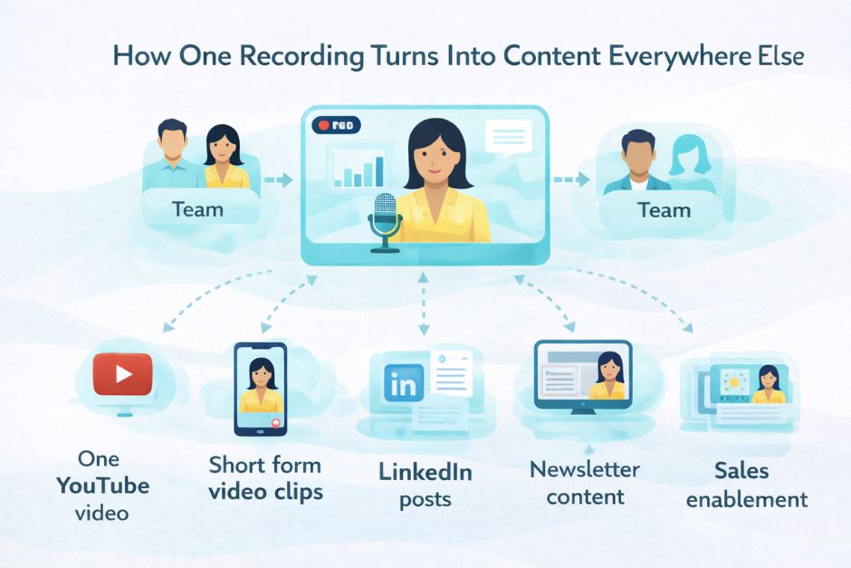 Founder content system diagram showing how one recording session feeds SEO YouTube LinkedIn newsletters and sales enablement