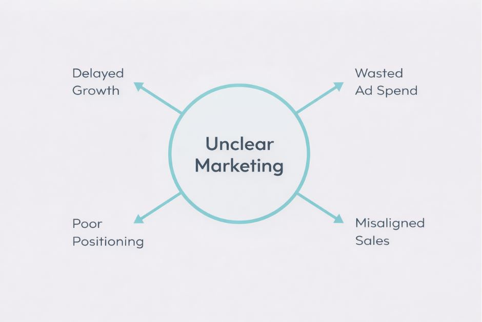 Diagram showing the marketing leadership gap that fractional CMOs fill for B2B companies between $1M and $8M in revenue
