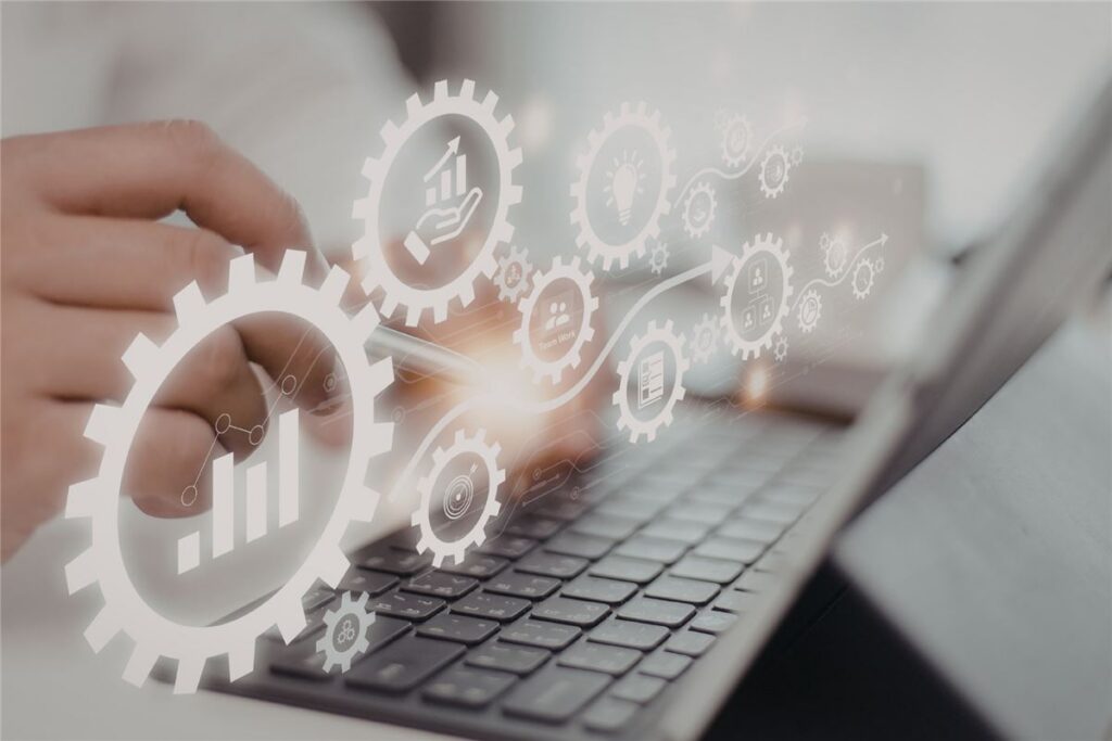 B2B content workflow showing six steps from content pillars to distribution and automation