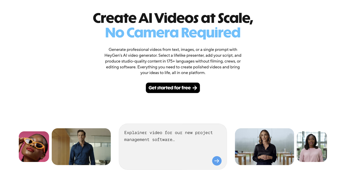 HeyGen homepage showing AI avatar video creation platform for B2B teams