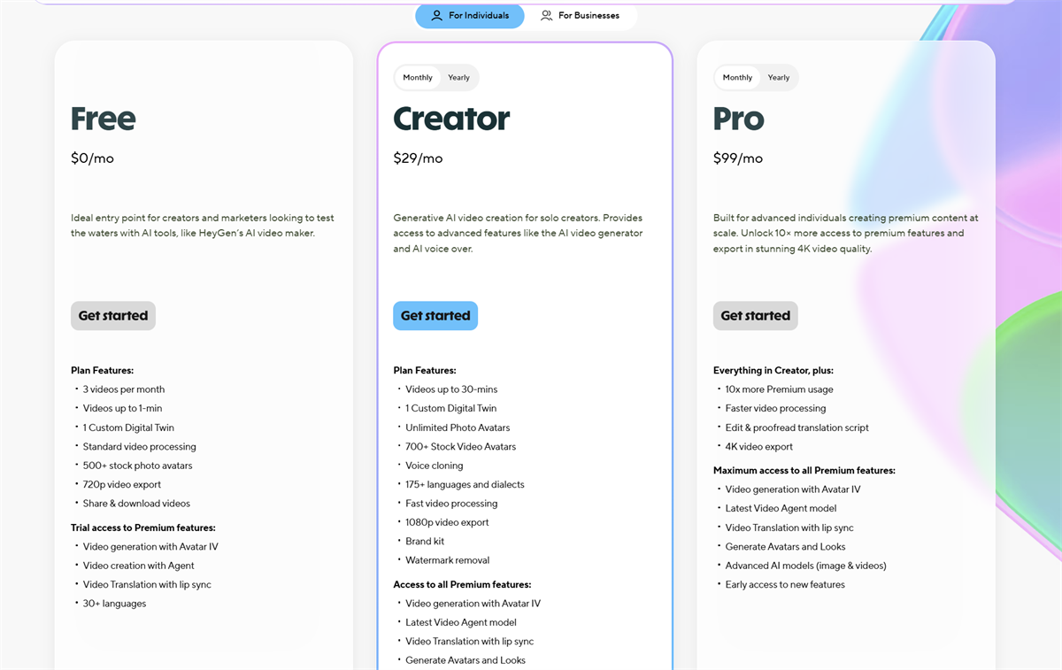 HeyGen pricing plans comparison showing Free, Creator, and Pro tiers for 2026