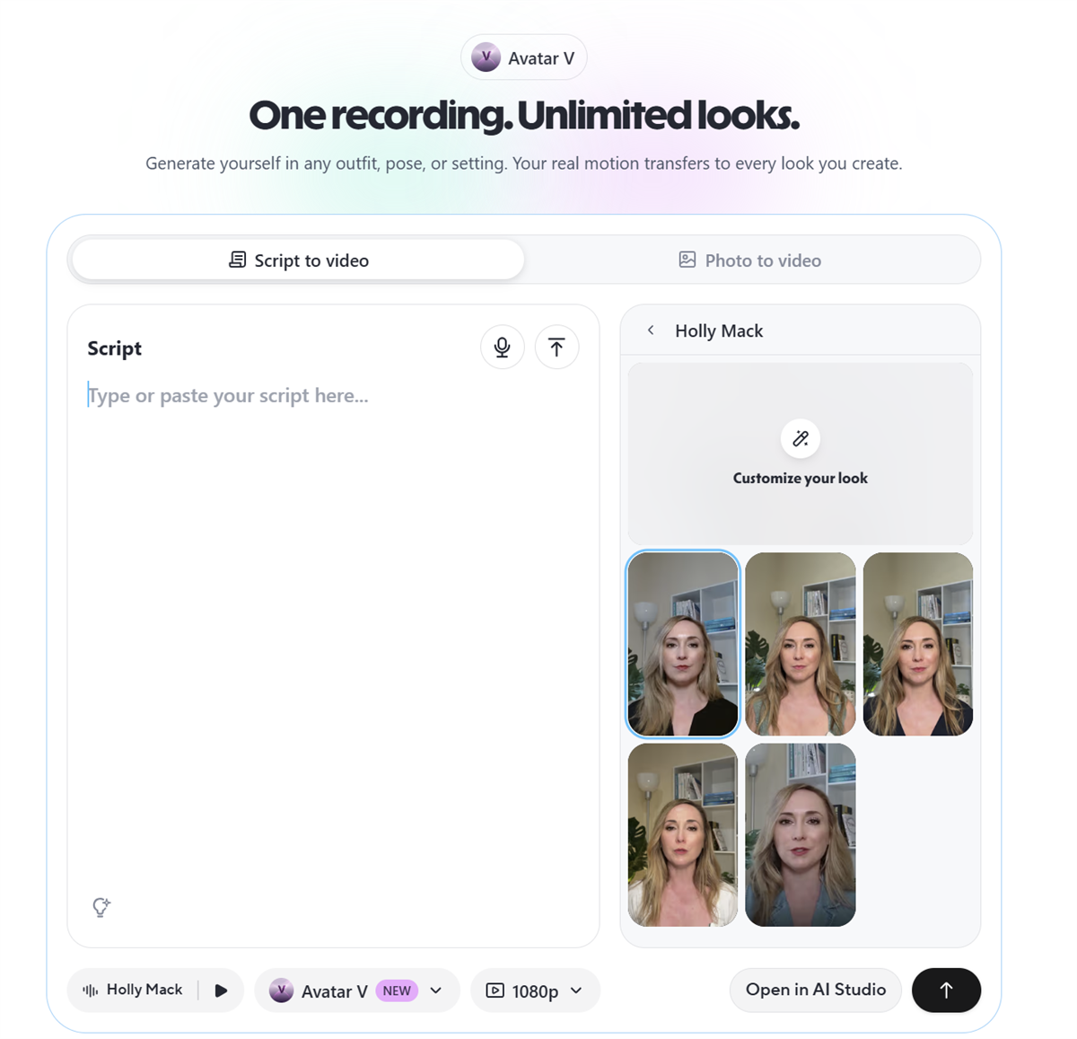 Holly Mack custom HeyGen Avatar V dashboard showing script-to-video interface with multiple AI avatar looks for B2B video creation
