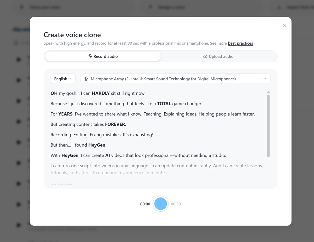 HeyGen voice clone setup showing voice recording and Voice Doctor tool