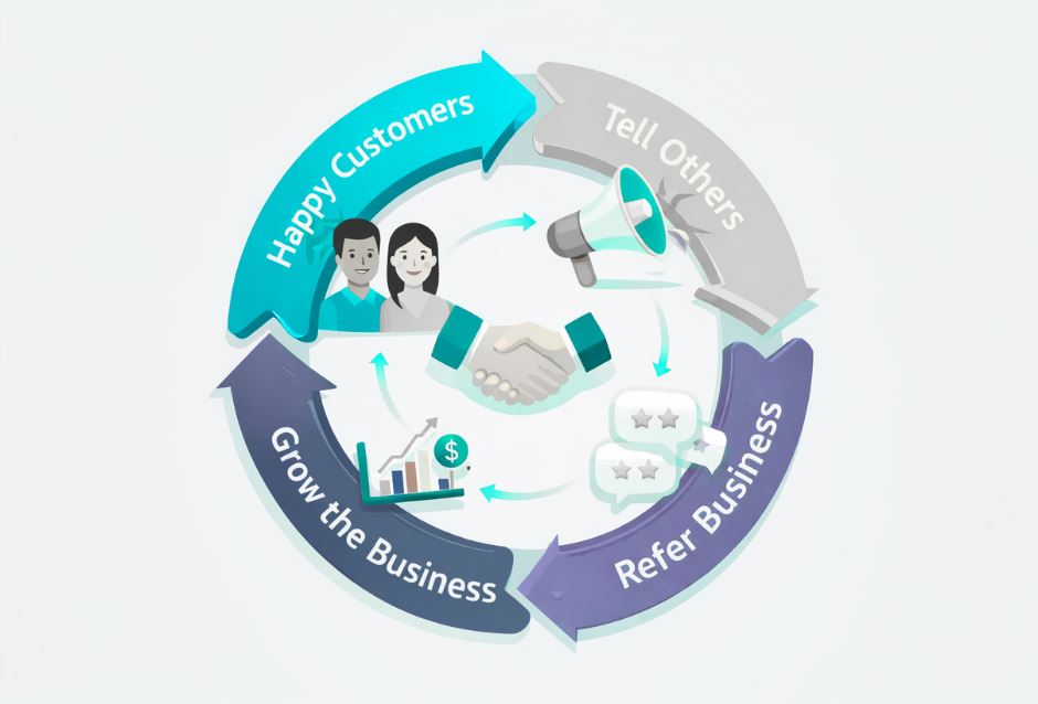 Referral growth flywheel diagram showing how satisfied customers generate referrals and compounding B2B revenue