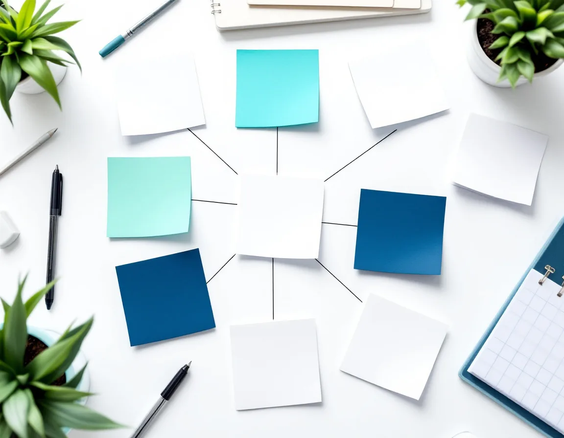 Marketing tools connected in a hub and spoke architecture on a planning desk