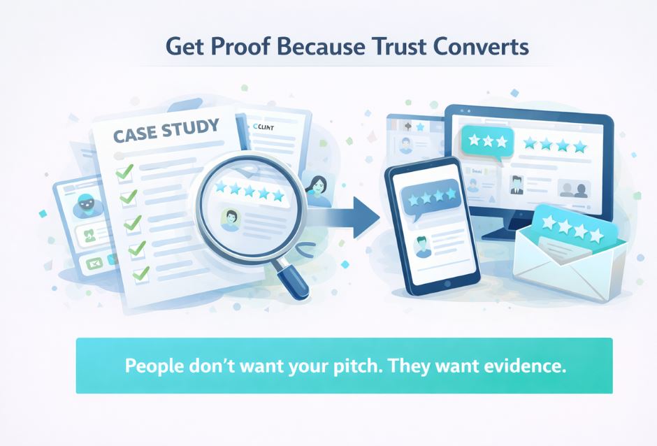 Diagram showing how B2B marketing converts better with social proof including testimonials case studies and third-party reviews