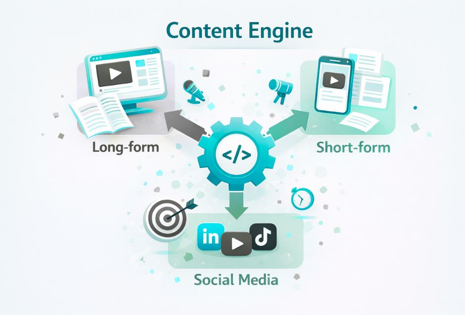 Lean B2B content engine diagram showing how one core idea compounds into multiple assets across SEO LinkedIn and email