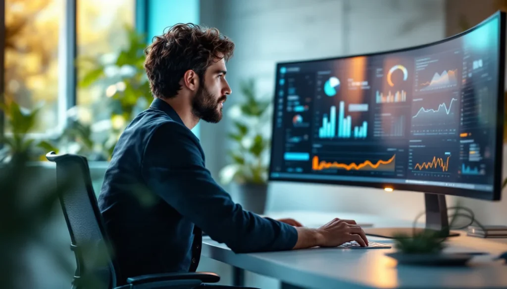 B2B marketer analyzing AI search visibility data on laptop with analytics dashboard