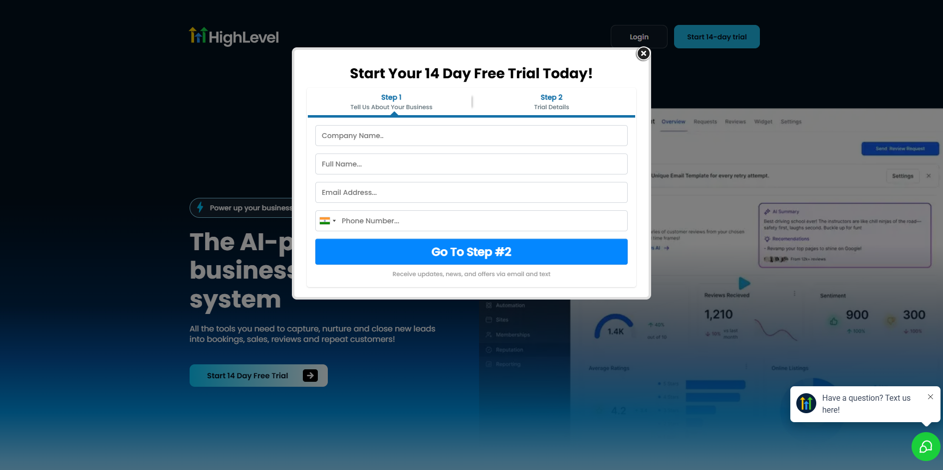 GoHighLevel free trial signup screen showing the 14-day trial form