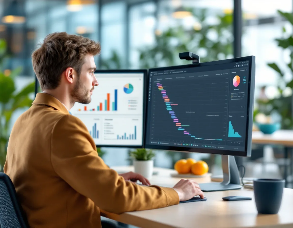 Business professional evaluating marketing automation tools on dual monitors